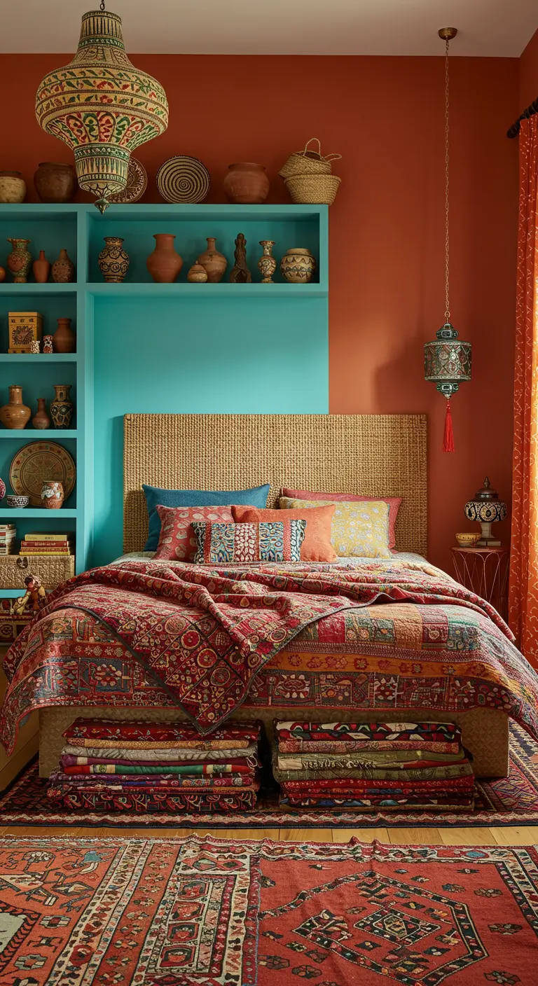 Terracotta slaapkamer met turquoise nis, geweven hoofdbord en stapels kleden.