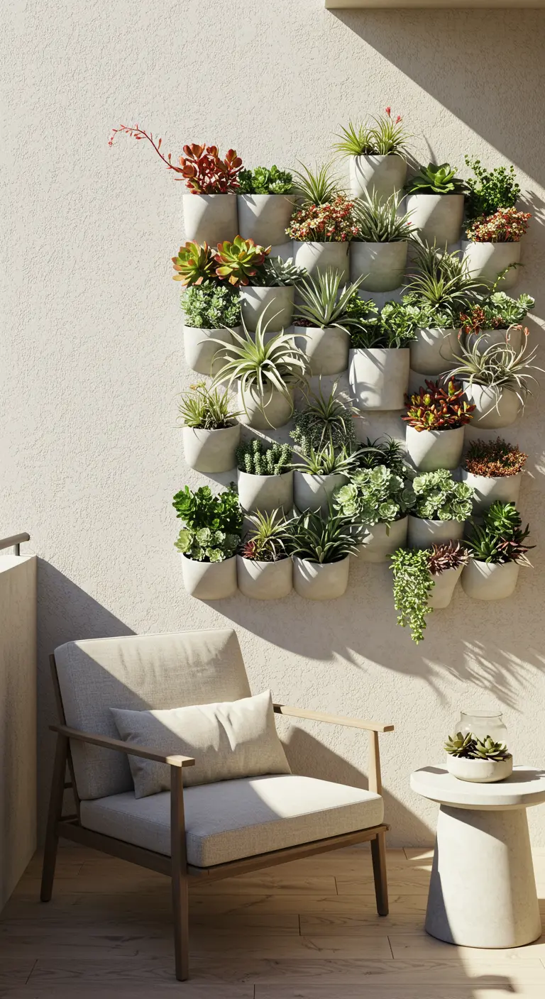 Lichte buitenmuur met diverse kleine terracotta potjes vol succulenten en vetplanten.