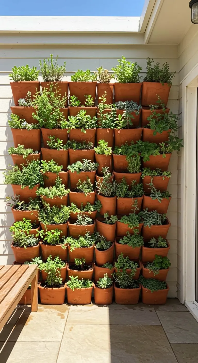 Muur bedekt met vele kleine terracotta plantenpotjes vol vetplanten en groene plantjes.