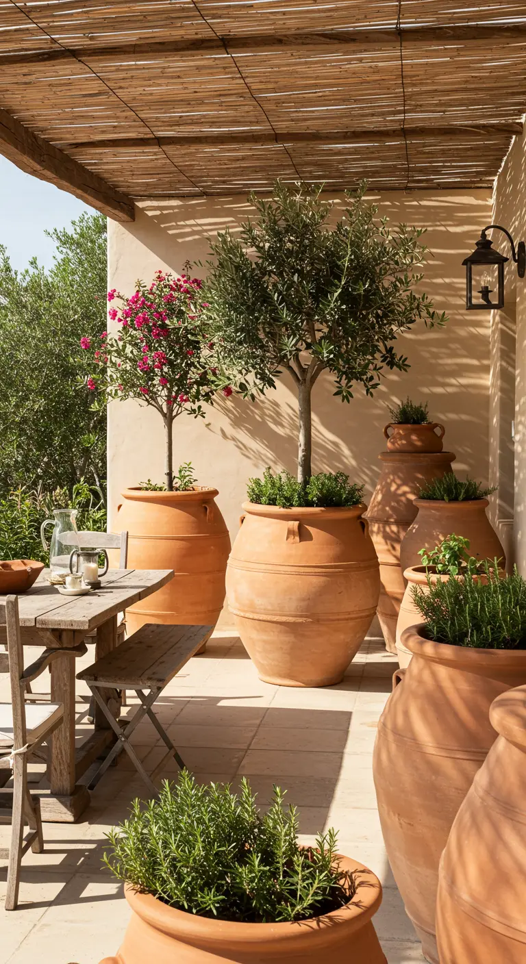 Grote terracotta plantenpotten met olijfboom en bloeiende planten op een zonnig terras.