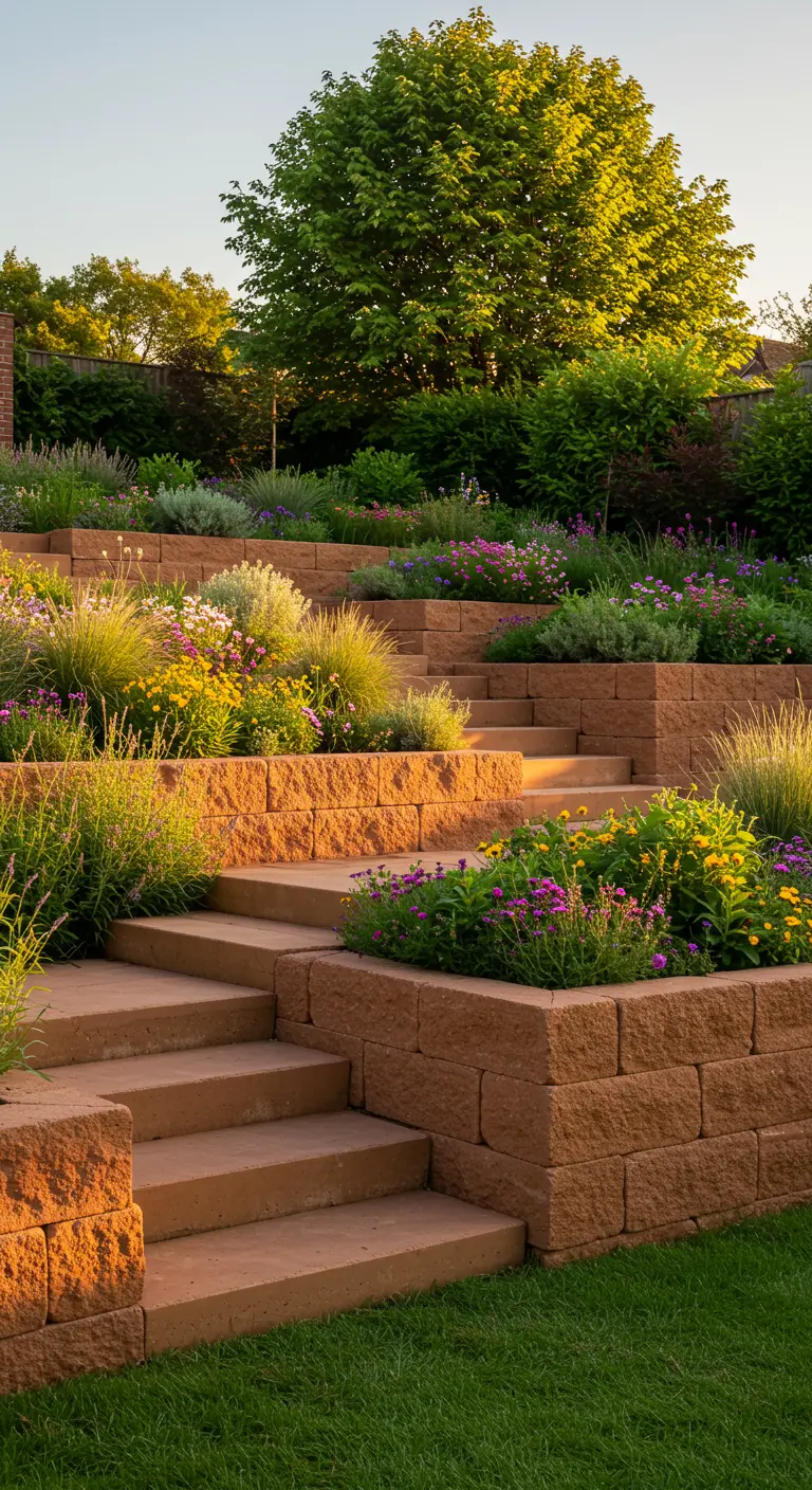Terracotta-kleurige betonnen traptreden en plantenbakken vol kleurrijke bloemen en grassen.
