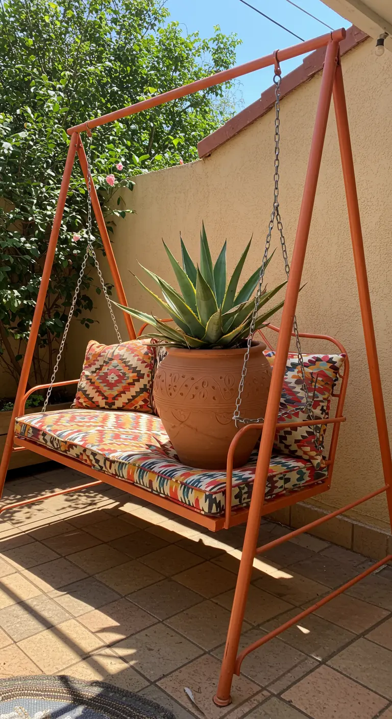 Oranje metalen schommelbank met kleurrijke tribal-print kussens en een grote agave in een pot.