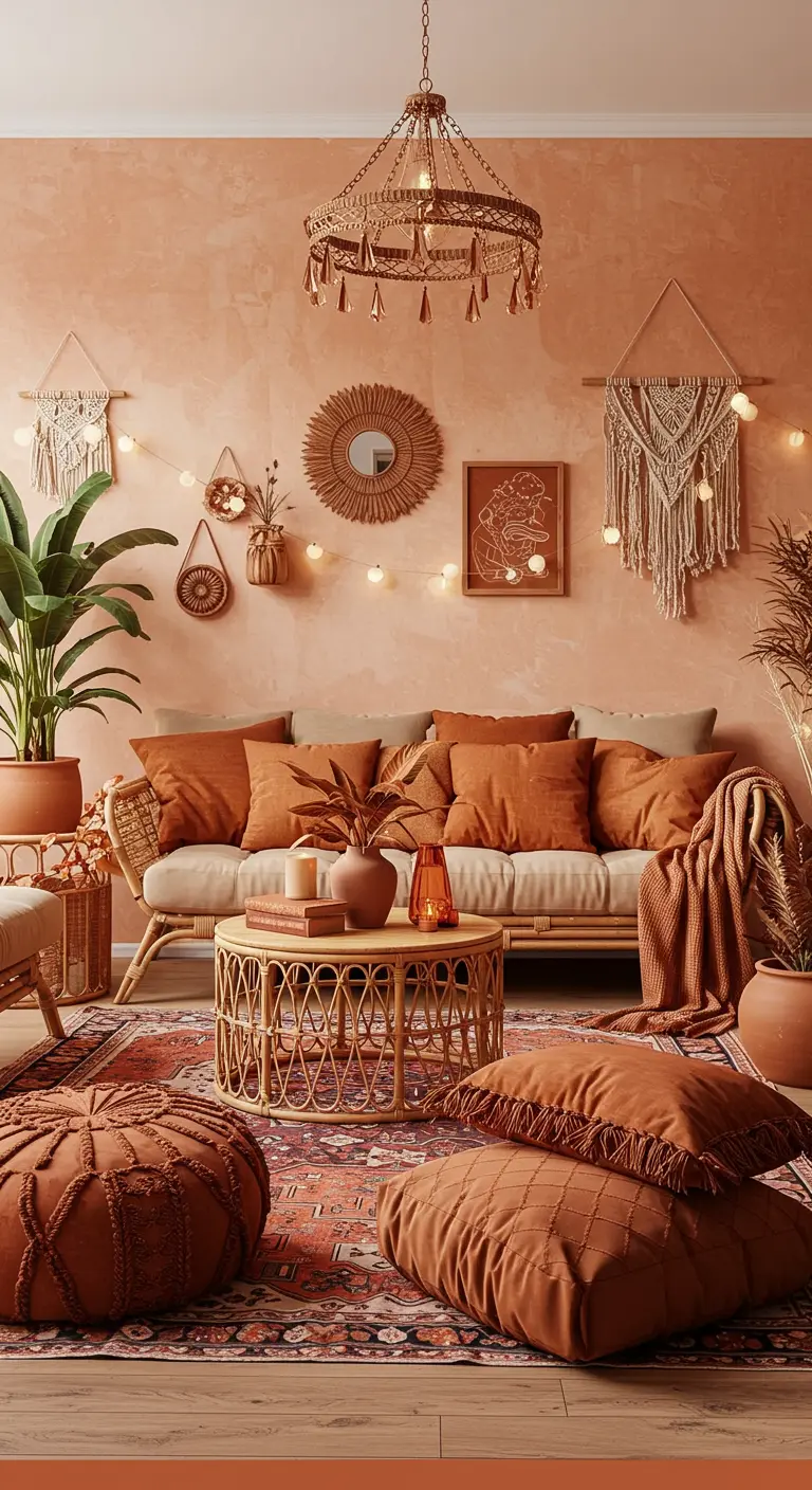 Bohemian woonkamer in terracotta, roestbruin en aardetinten met rotan meubels en planten.