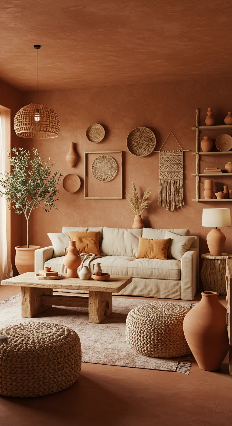 Boho woonkamer met terracotta muren, beige bank, geweven poefs en olijfboom.