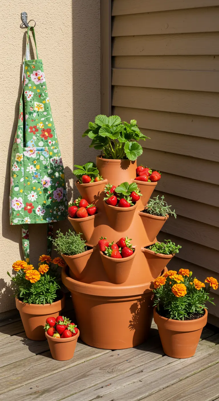 Terracotta aardbeienpot vol met aardbeiplantjes en goudsbloemen in potten ernaast.
