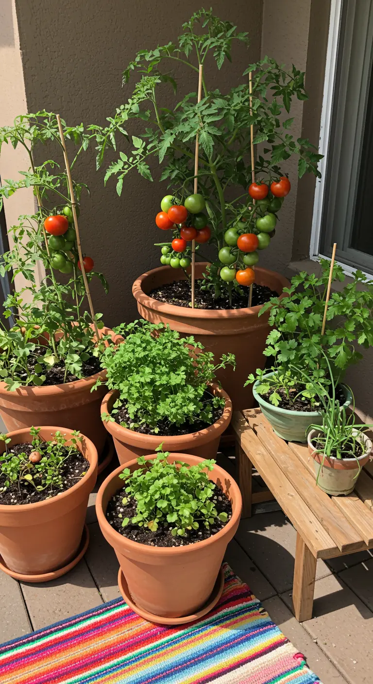 Groep terracotta potten met tomatenplanten en kruiden op een balkon, met een kleurrijk kleed.