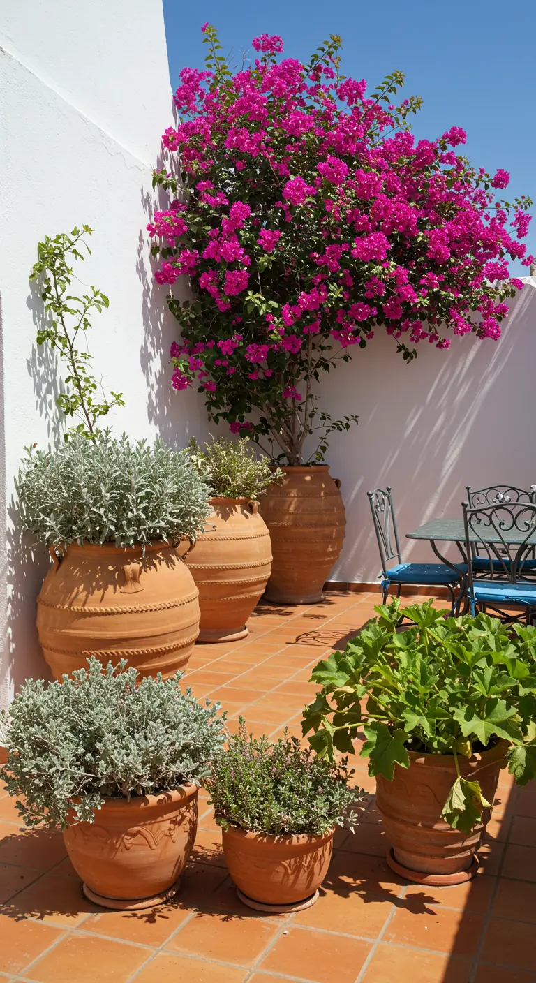 Terracotta potten met fuchsia bougainvillea, grijze curryplant en andere kruiden op een zonnig terras.