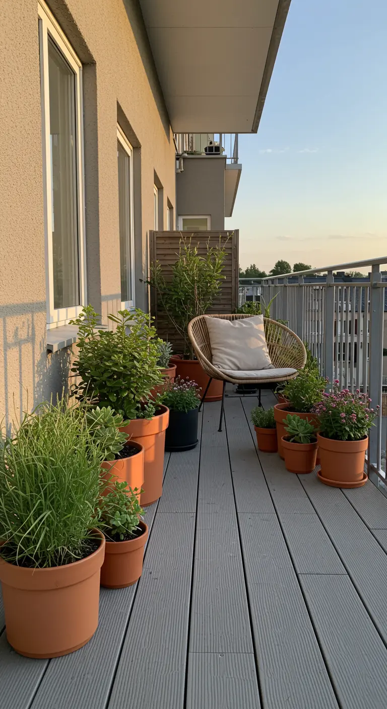 Zonnig balkon met terracotta potten vol groene planten en een rotan stoel.