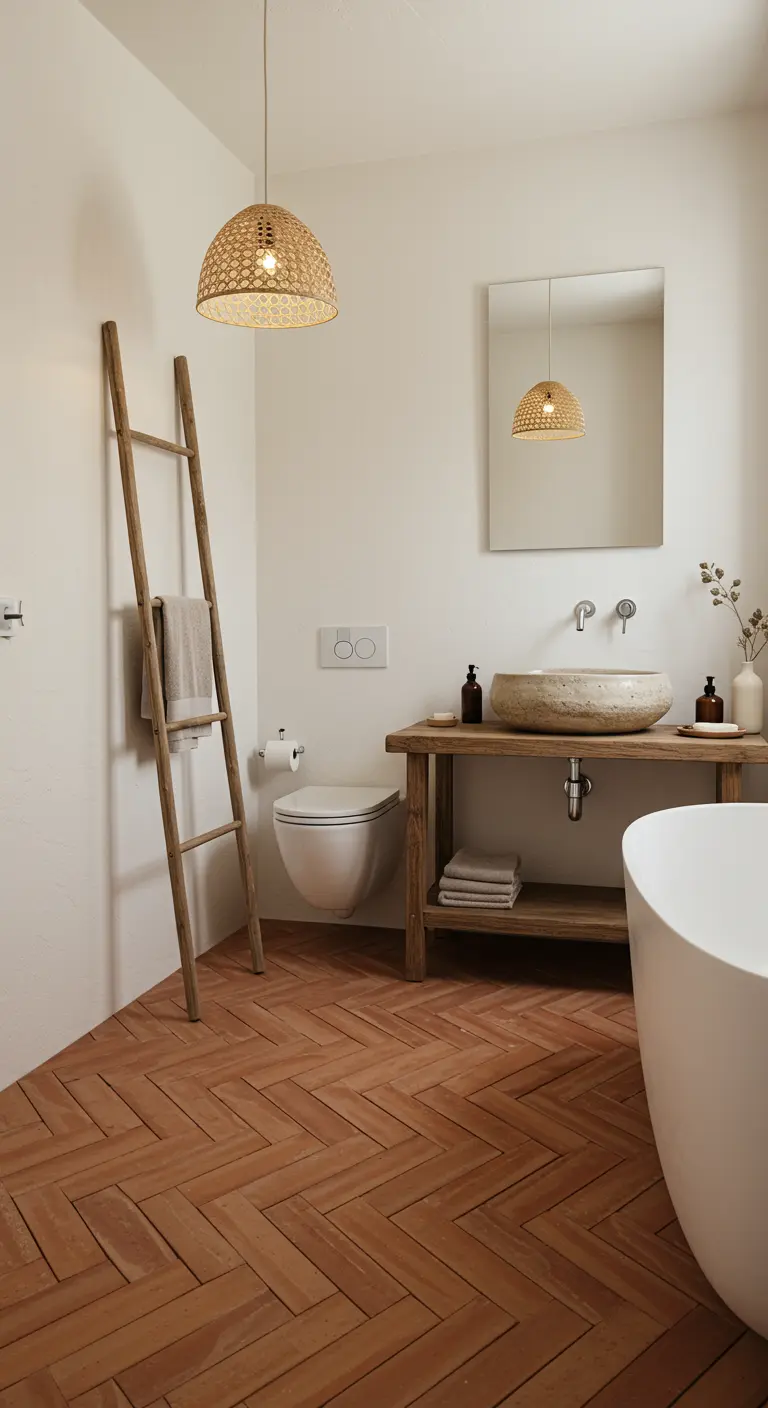 Badkamer met terracotta visgraatvloer, witte muren en rotan hanglamp.
