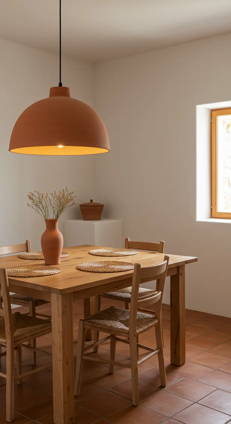 Grote terracotta hanglamp boven een houten eettafel met geweven placemats en aardewerk.
