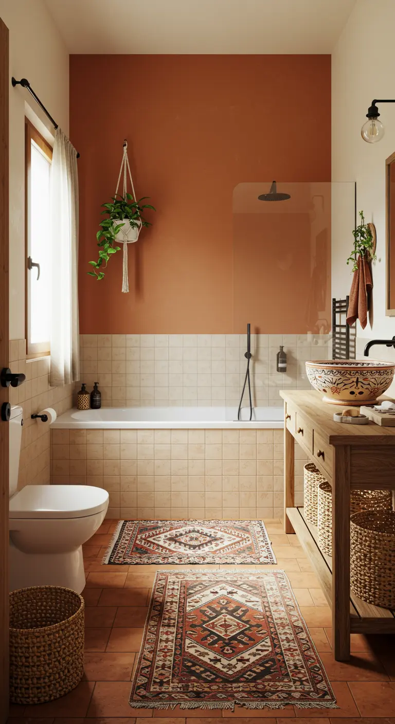 Badkamer met terracotta muren boven crèmekleurige tegels en houten meubels.