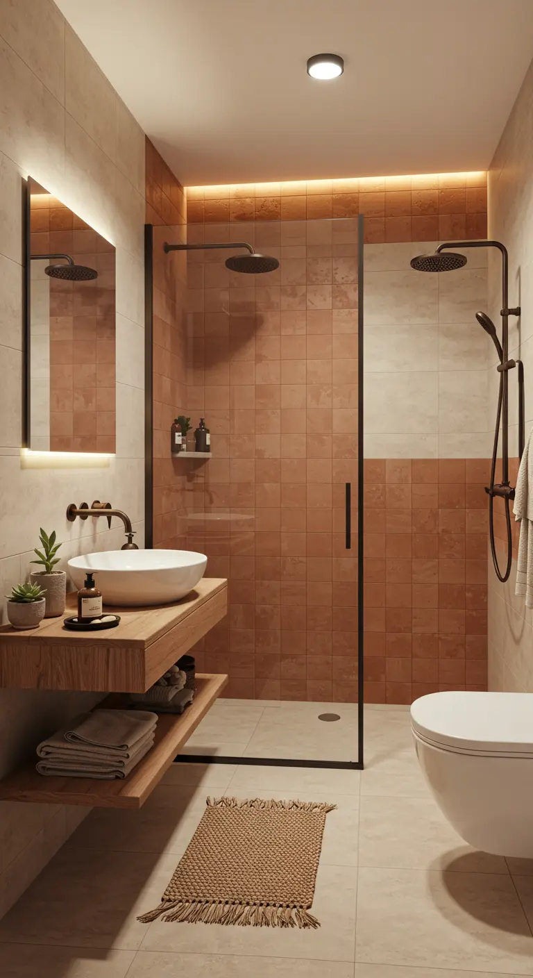 Badkamer met terracotta tegels in douche, zwevend houten meubel, rieten mat.