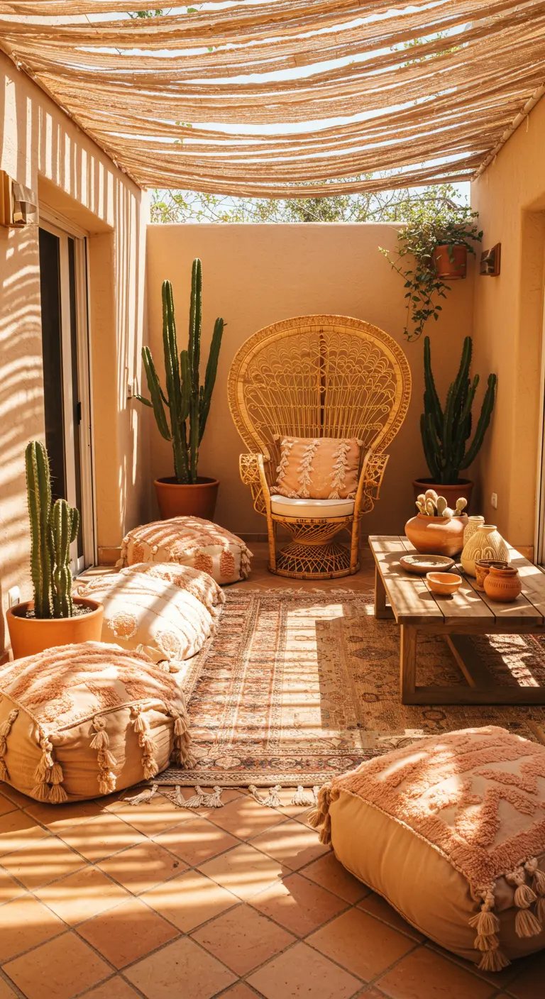 Terracotta patio met rotan pauwenstoel, cactussen en poefs in warme, zachte tinten.
