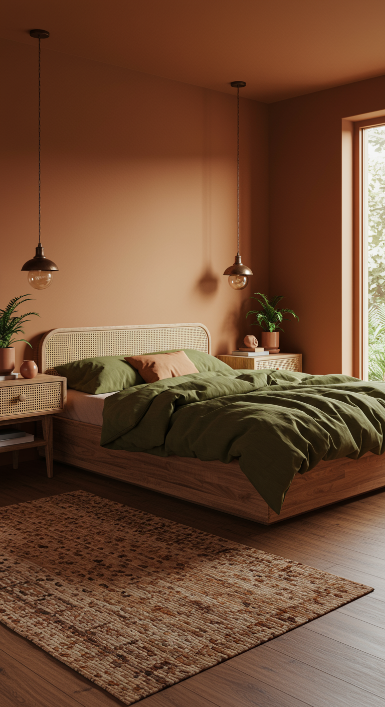 Slaapkamer met terracotta muren, olijfgroen beddengoed, rotan hoofdbord en planten.