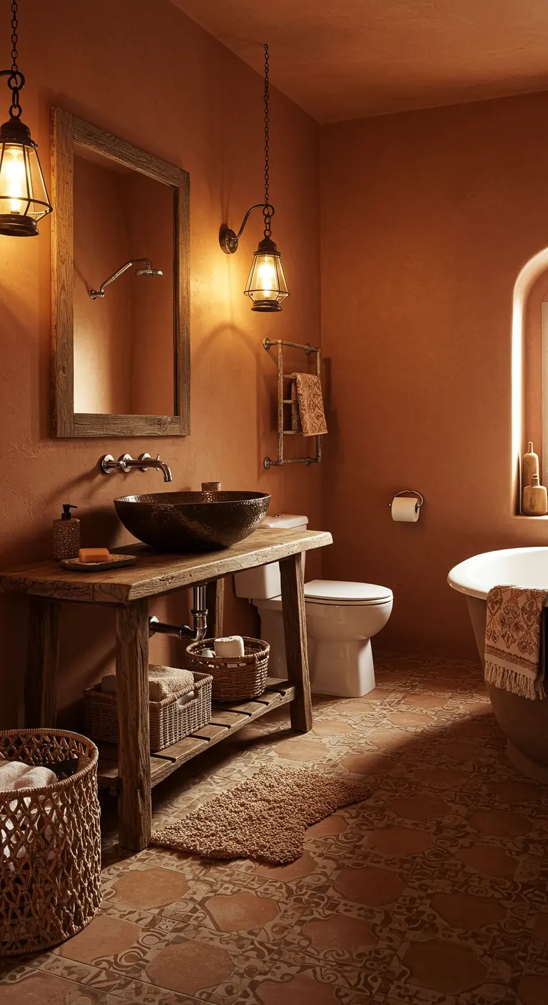 Rustieke badkamer met terracotta muren en vloer, en een oud houten wastafelmeubel.