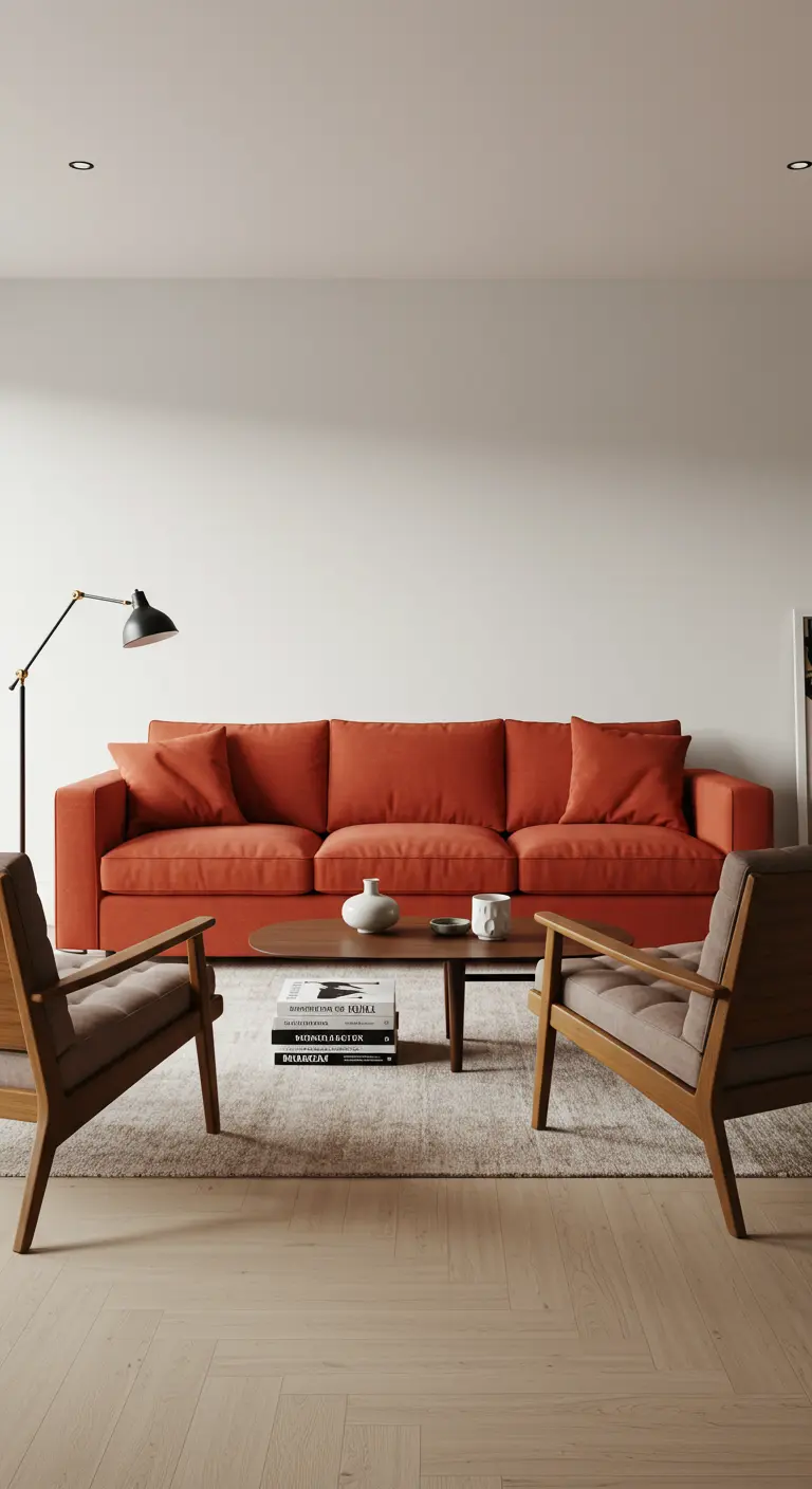 Woonkamer met terracotta bank, houten fauteuils en wit interieur.