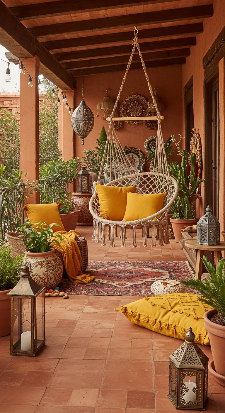 Bohemian terras met terracotta tegels, een macramé hangstoel en gele kussens en accessoires.