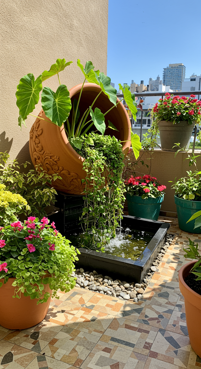 Gekantelde terracotta pot waaruit water en planten stromen in een kleine vijverbak.
