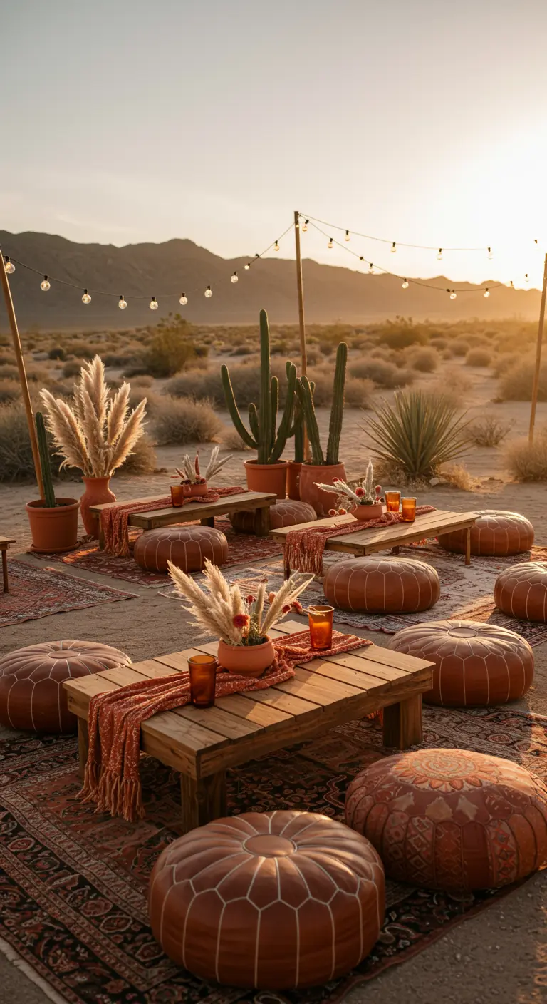 Boho picknicksetting in de woestijn met terracotta kleuren, poefs en pampasgras.