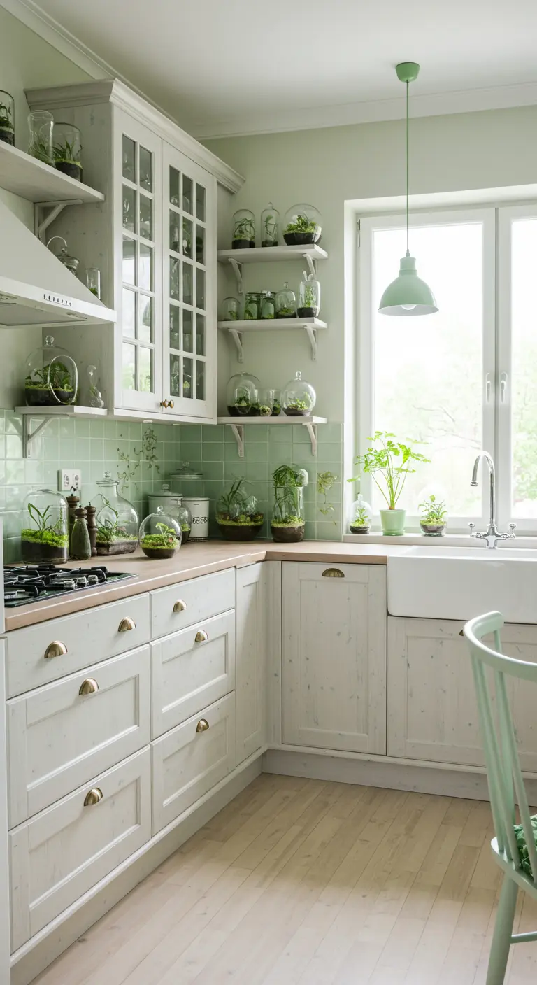 Lichte keuken met mintgroene tegels en veel kleine plantjes en terrariums op planken.