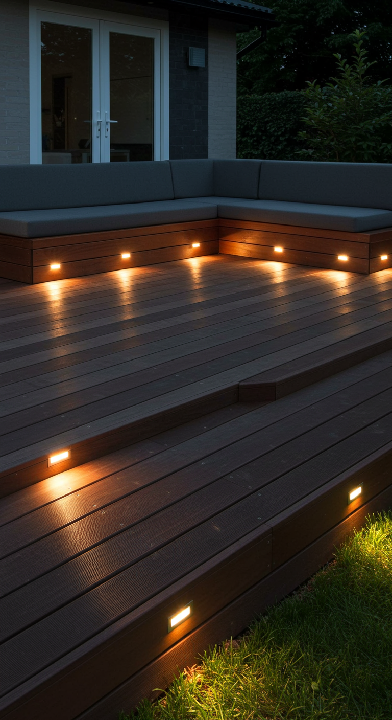 Houten terras met ingebouwde LED-verlichting in de planken en traptreden.