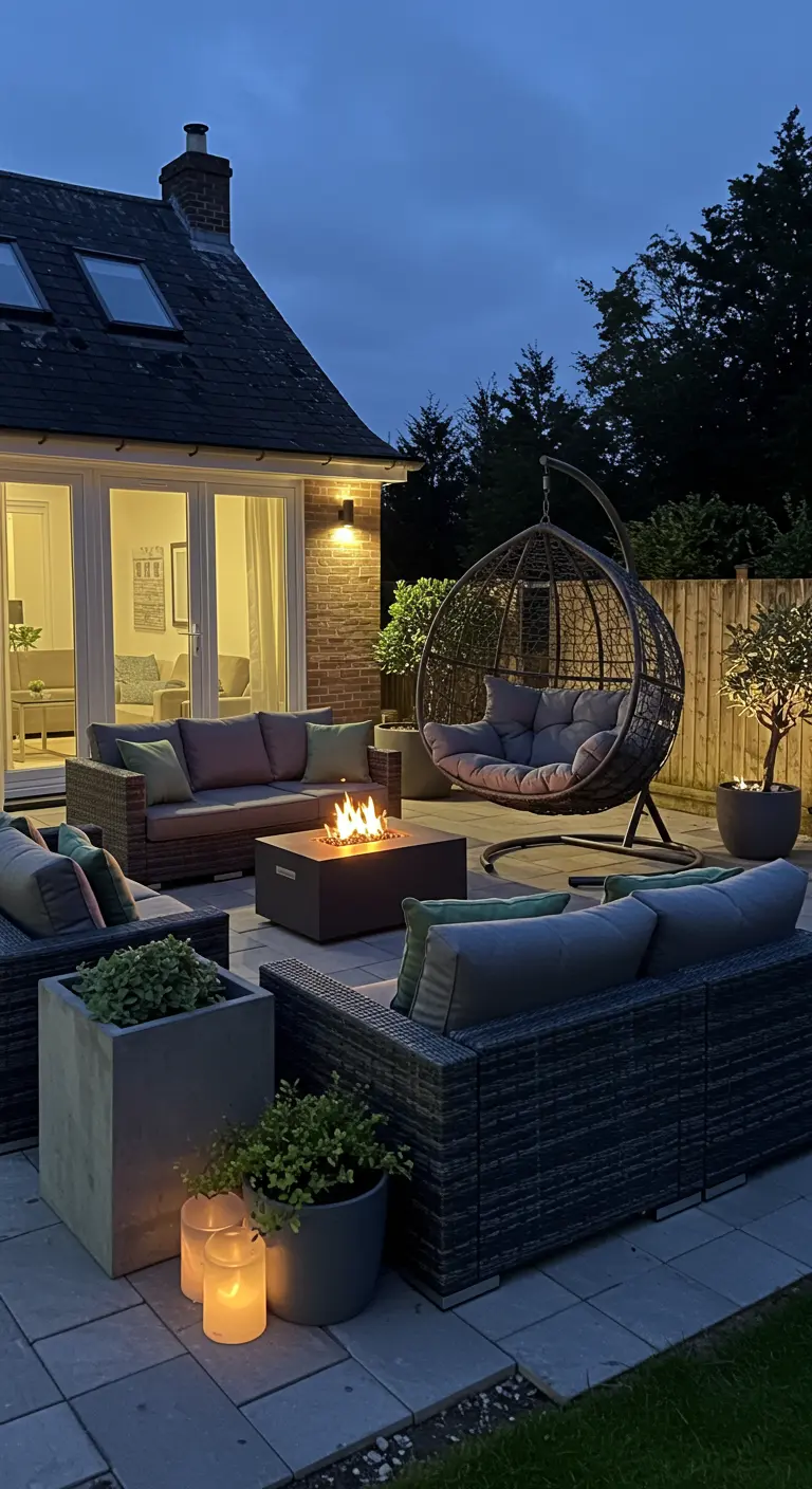 Grote rieten hangstoel met standaard op een terras met loungeset en vuurtafel.