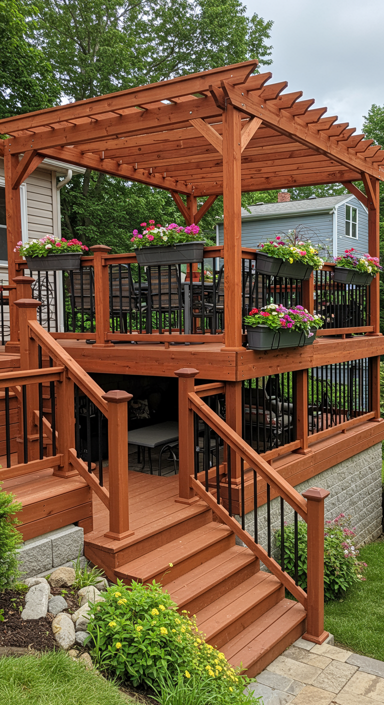 Houten pergola op een verhoogd terras met bloembakken aan de reling en trap.
