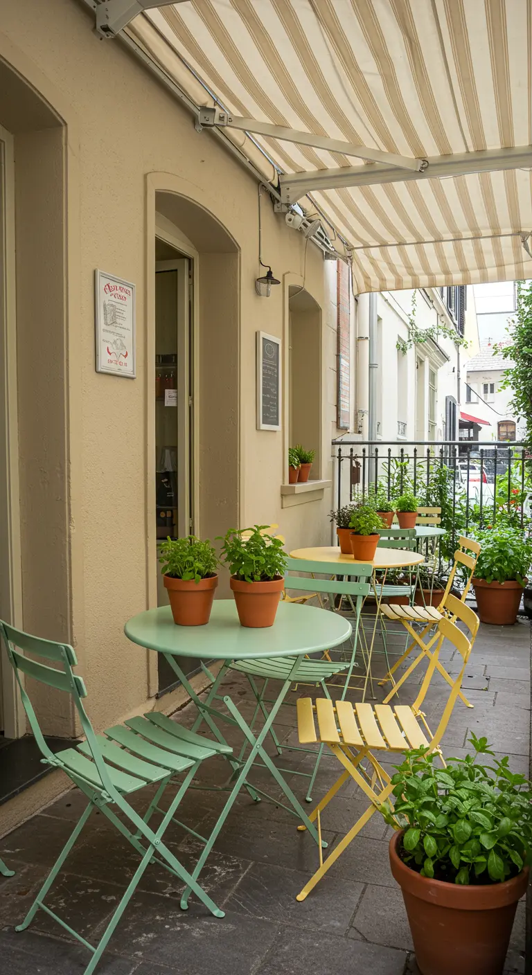 Klein buitenterras met mintgroene en gele cafésets en terracotta kruidenpotten.