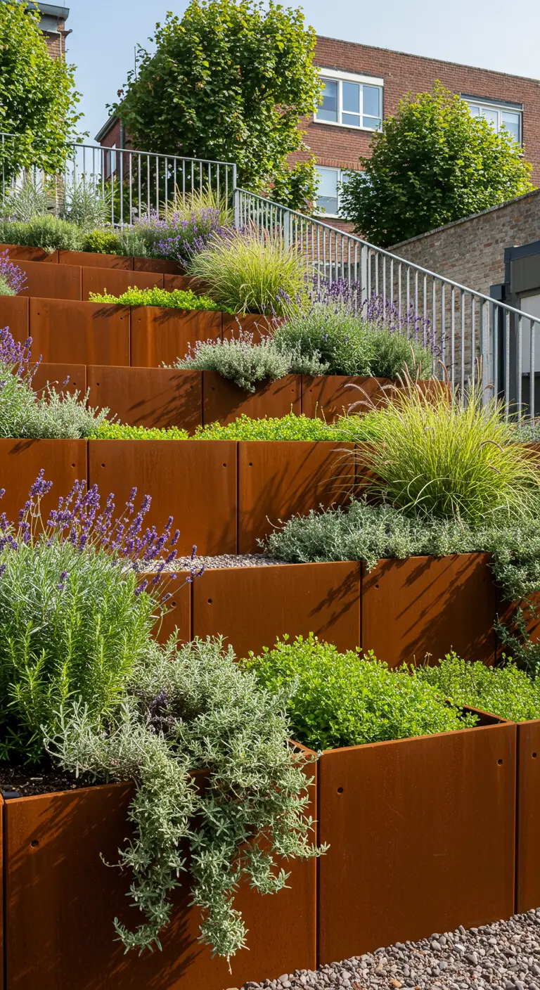 Terrasvormige plantenbakken van roestbruin cortenstaal gevuld met diverse bloeiende planten.