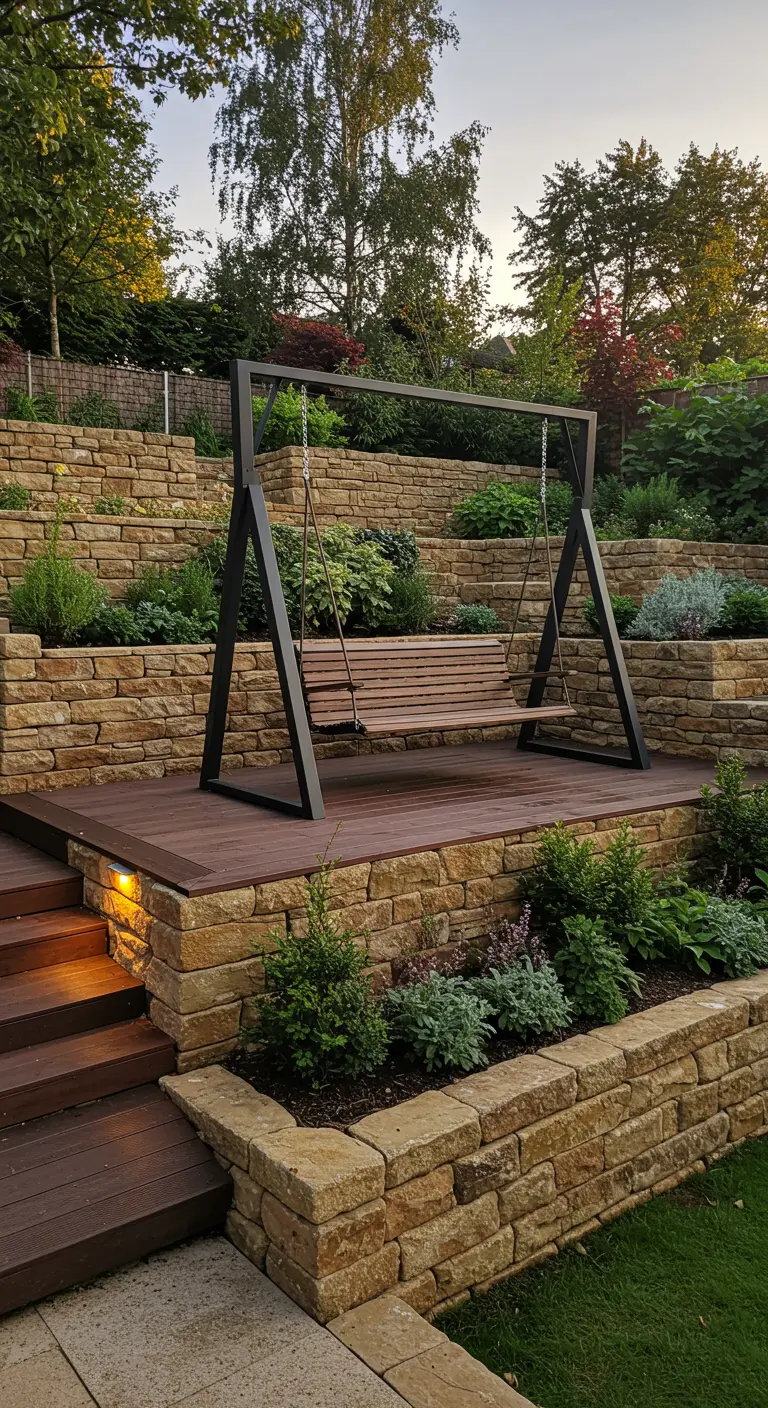 Zwart stalen schommelframe met houten bank op een verhoogd houten terras, omringd door stenen muren en planten