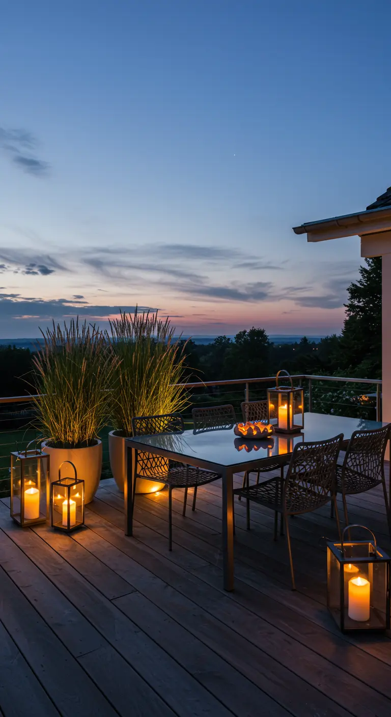 Terras met lantaarns, hoge grassen en uitzicht op zonsondergang.