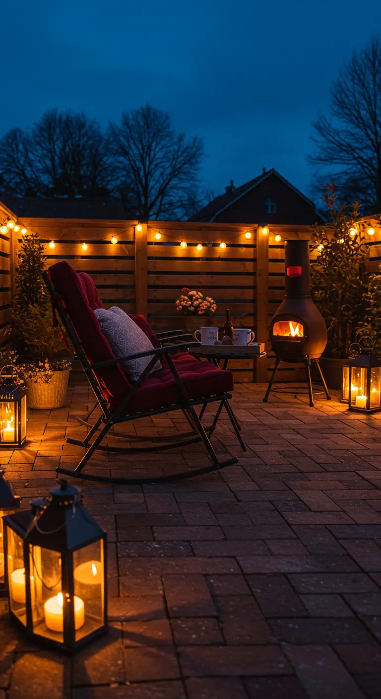 Rode stoffen inklapbare schommelstoel op een terras met lichtslingers, lantaarns en een tuinkachel.