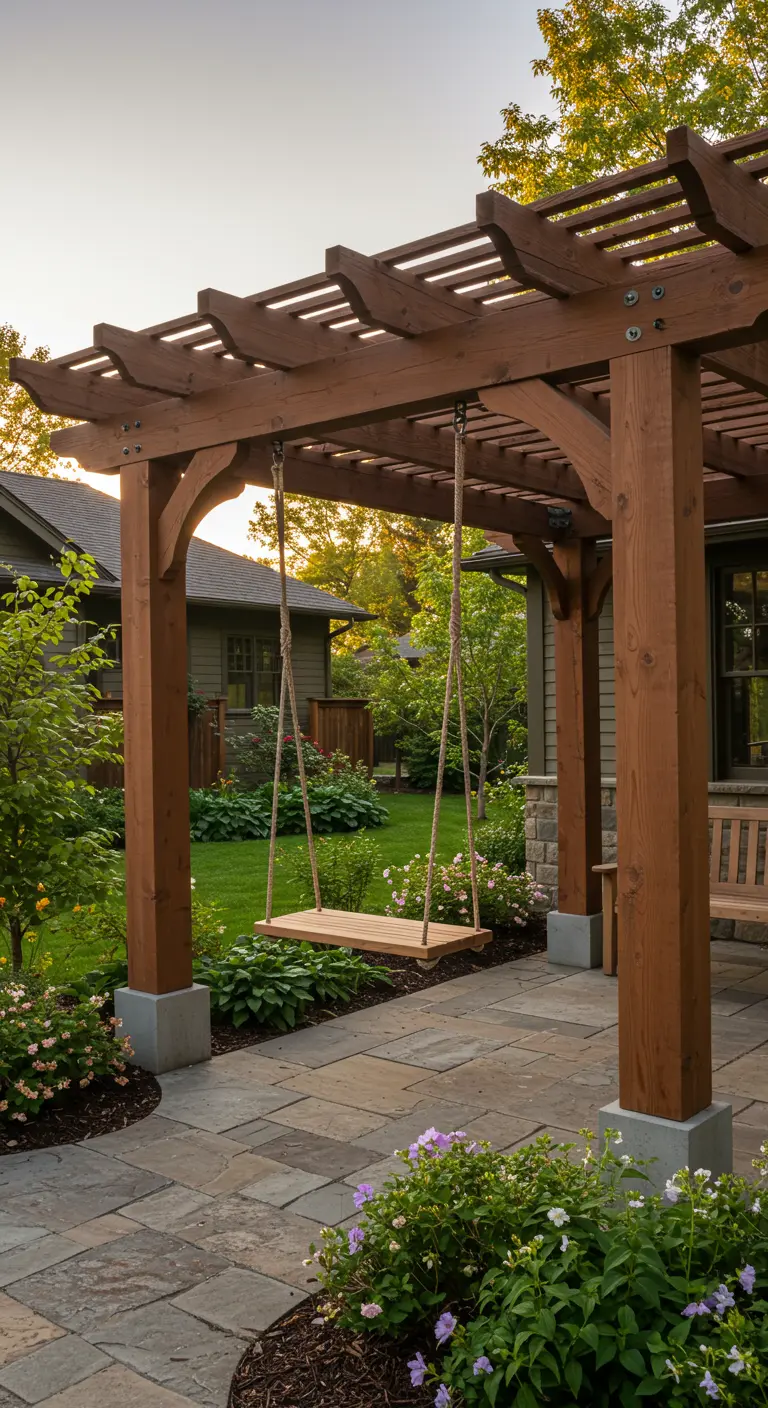 Houten schommel aan touwen onder een robuuste houten pergola boven een stenen terras.