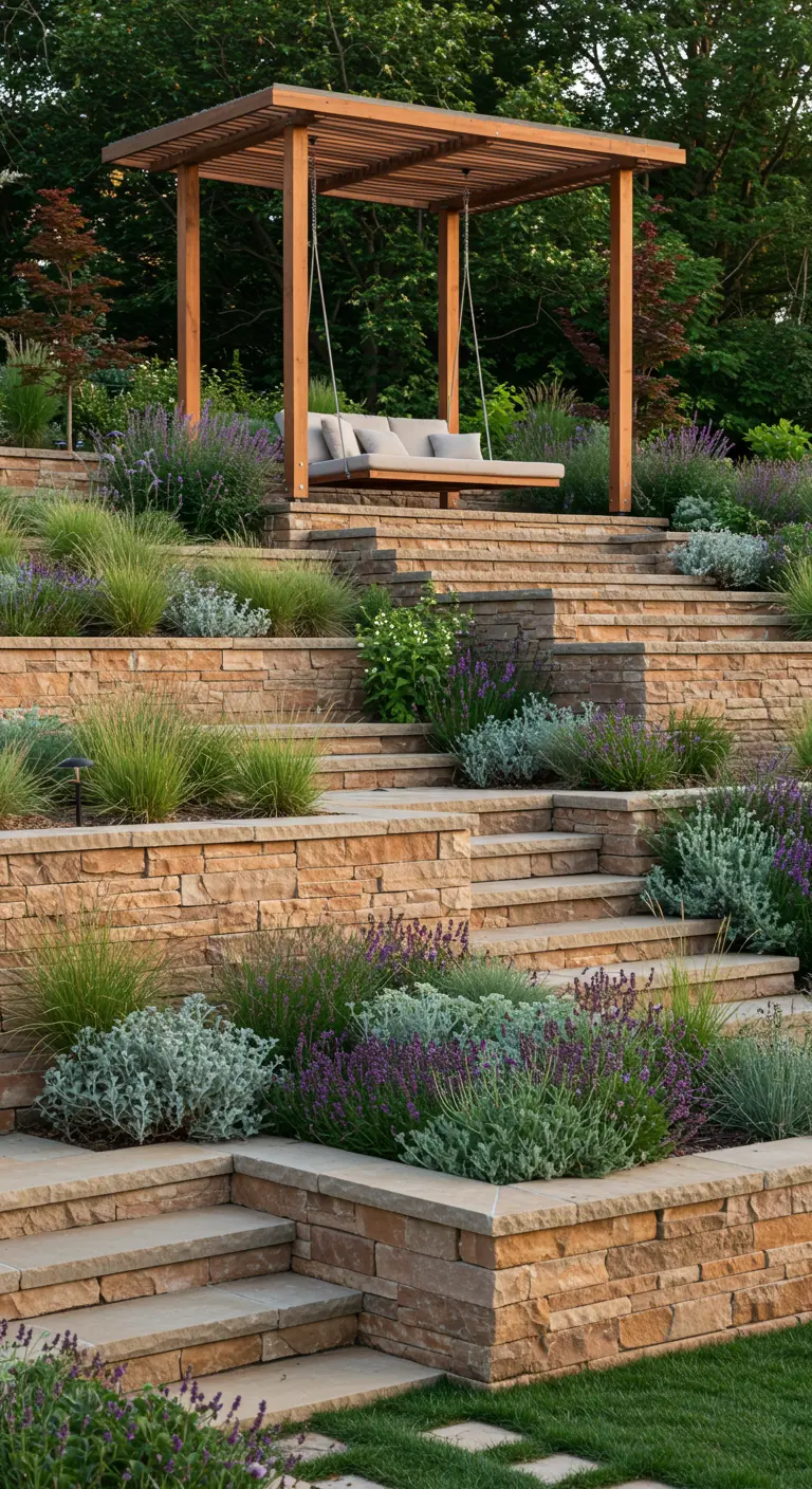 Moderne houten schommelbank onder pergola op een verhoogd terras met gelaagde beplanting.