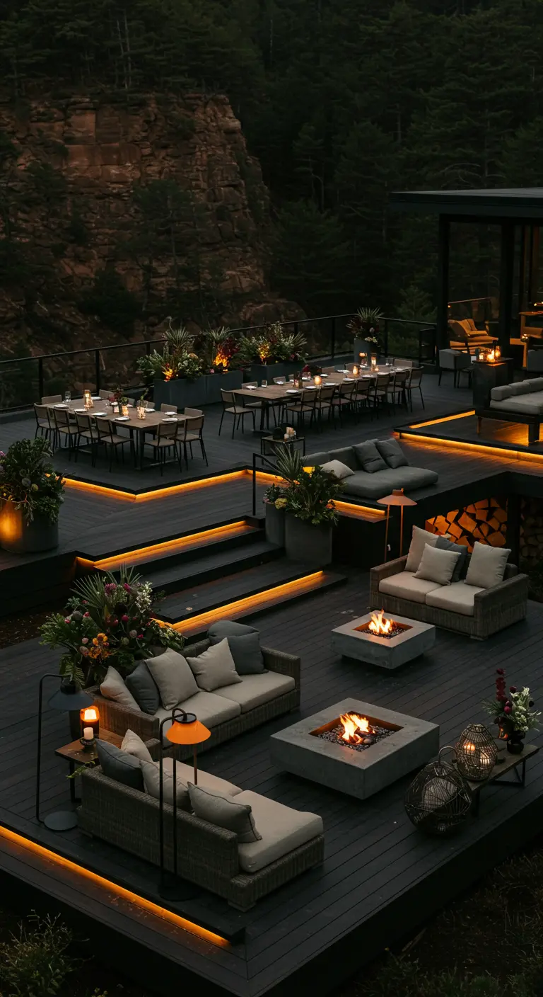Meerdere terrassen aan een klif met vuurkuilen, loungezitjes en sfeervolle verlichting.