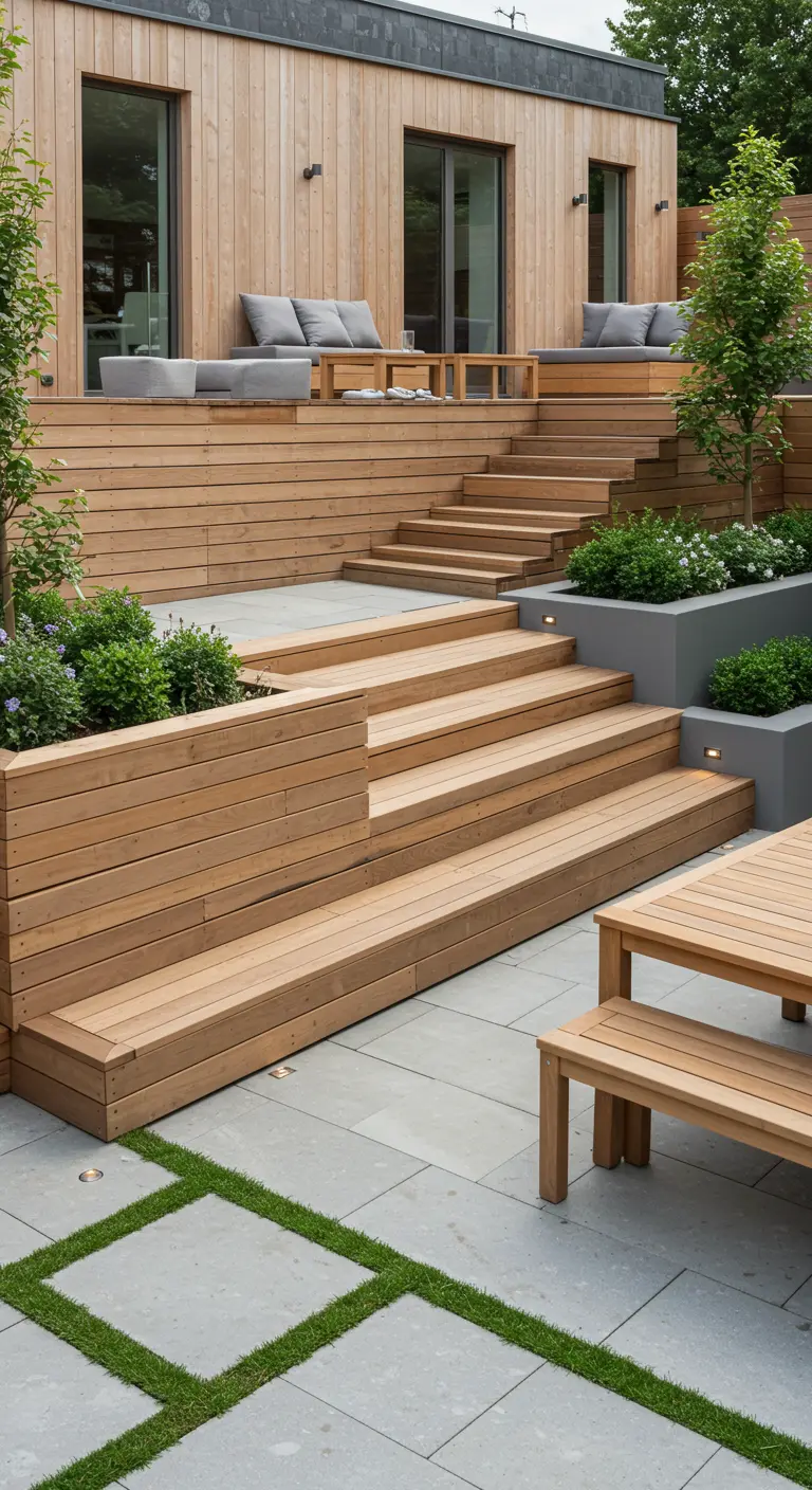 Terrassentuin met meerdere niveaus van houten vlonders en trappen, ingebouwde plantenbakken en verlichting.