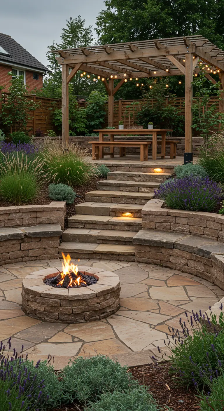 Tuin met meerdere terrassen, stenen muren, ronde vuurplaats, pergola, en lavendelplanten.