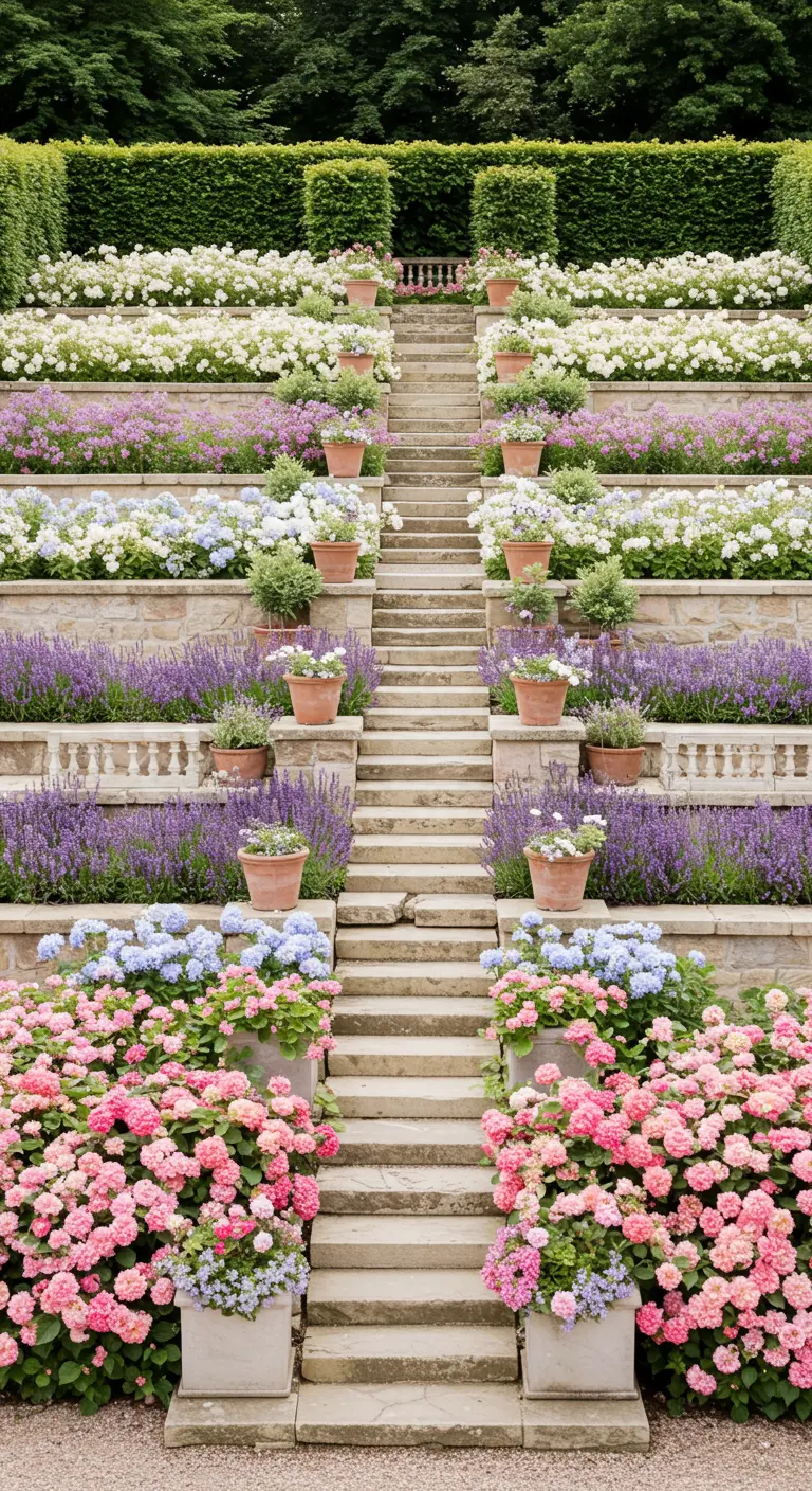 Terrassentuin met stenen trappen en bloembedden vol pastelkleurige bloemen.