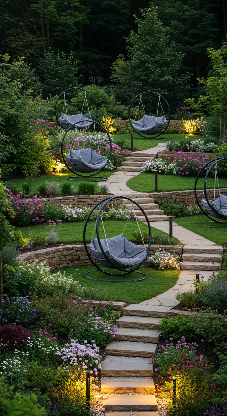 Meerdere ronde hangstoelen met zwarte metalen frames en grijze kussens in een terrastuin met bloemen.