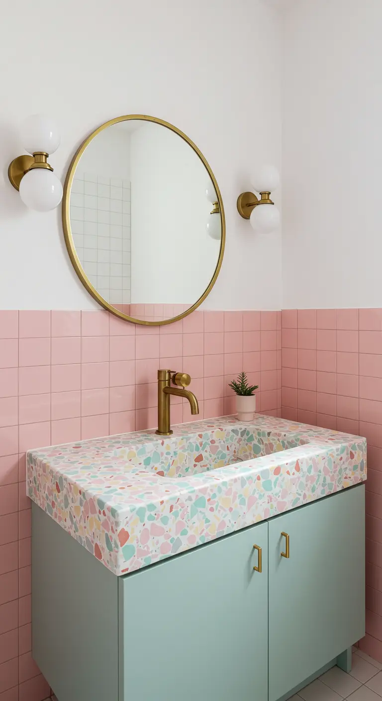 Terrazzo wastafel met kleurrijke spikkels, roze tegels, mintgroen kastje en ronde spiegel.