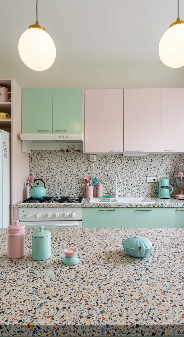 Speelse keuken met pastel kasten en kleurrijk terrazzo werkblad en achterwand.