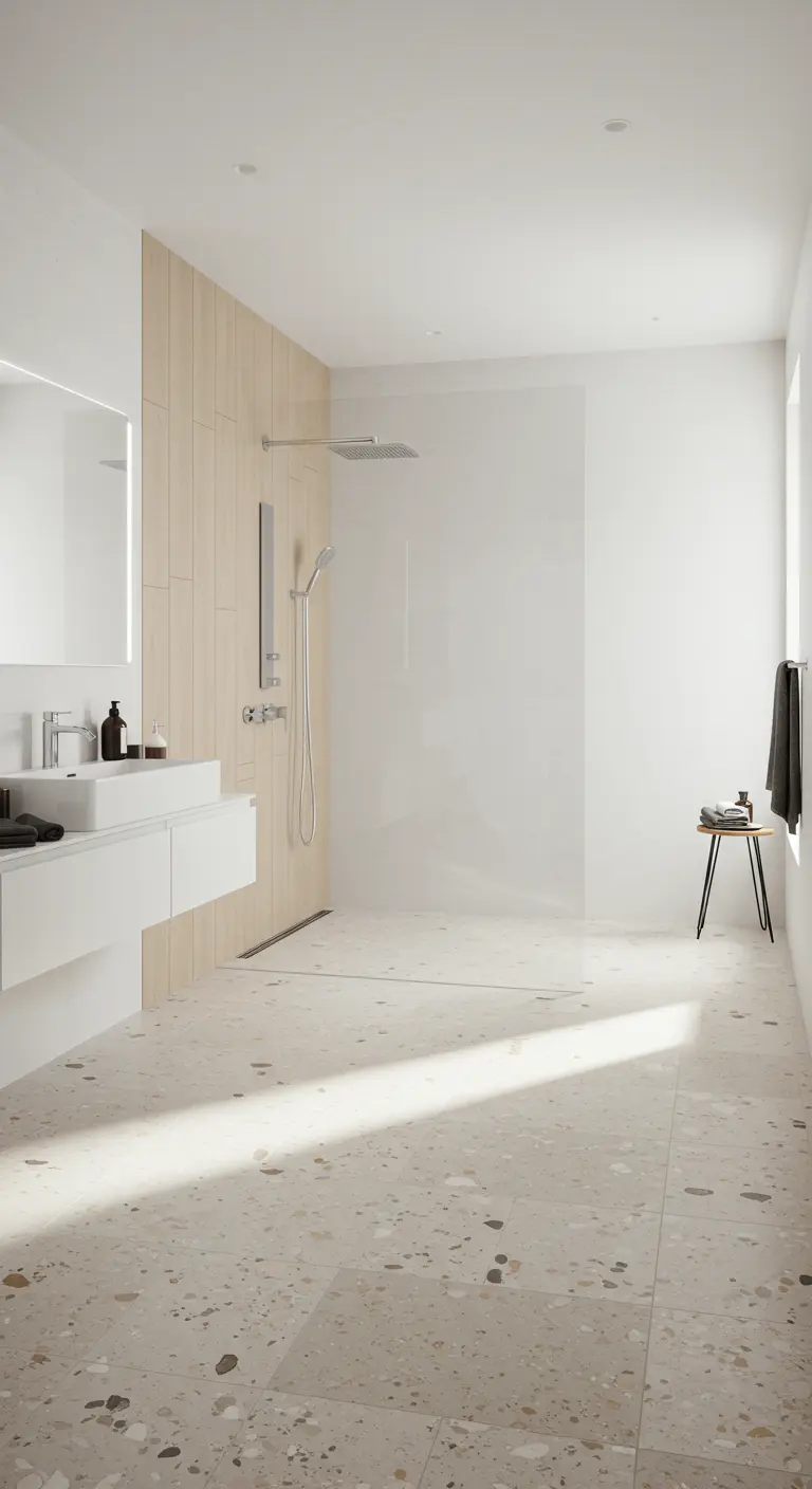 Lichte badkamer met terrazzovloer, houtlook tegelwand en witte muren.
