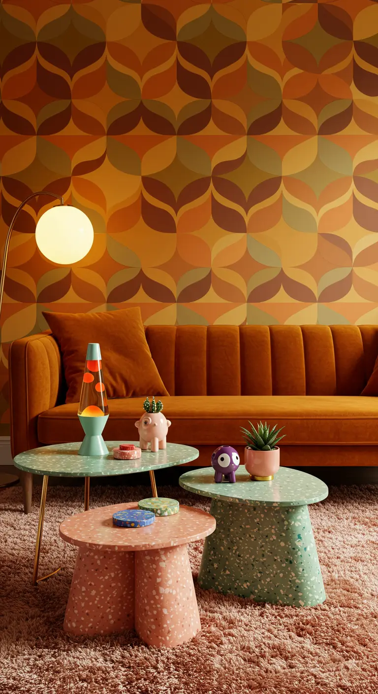 Drie terrazzo bijzettafels in pastelkleuren en organische vormen in een retro interieur.