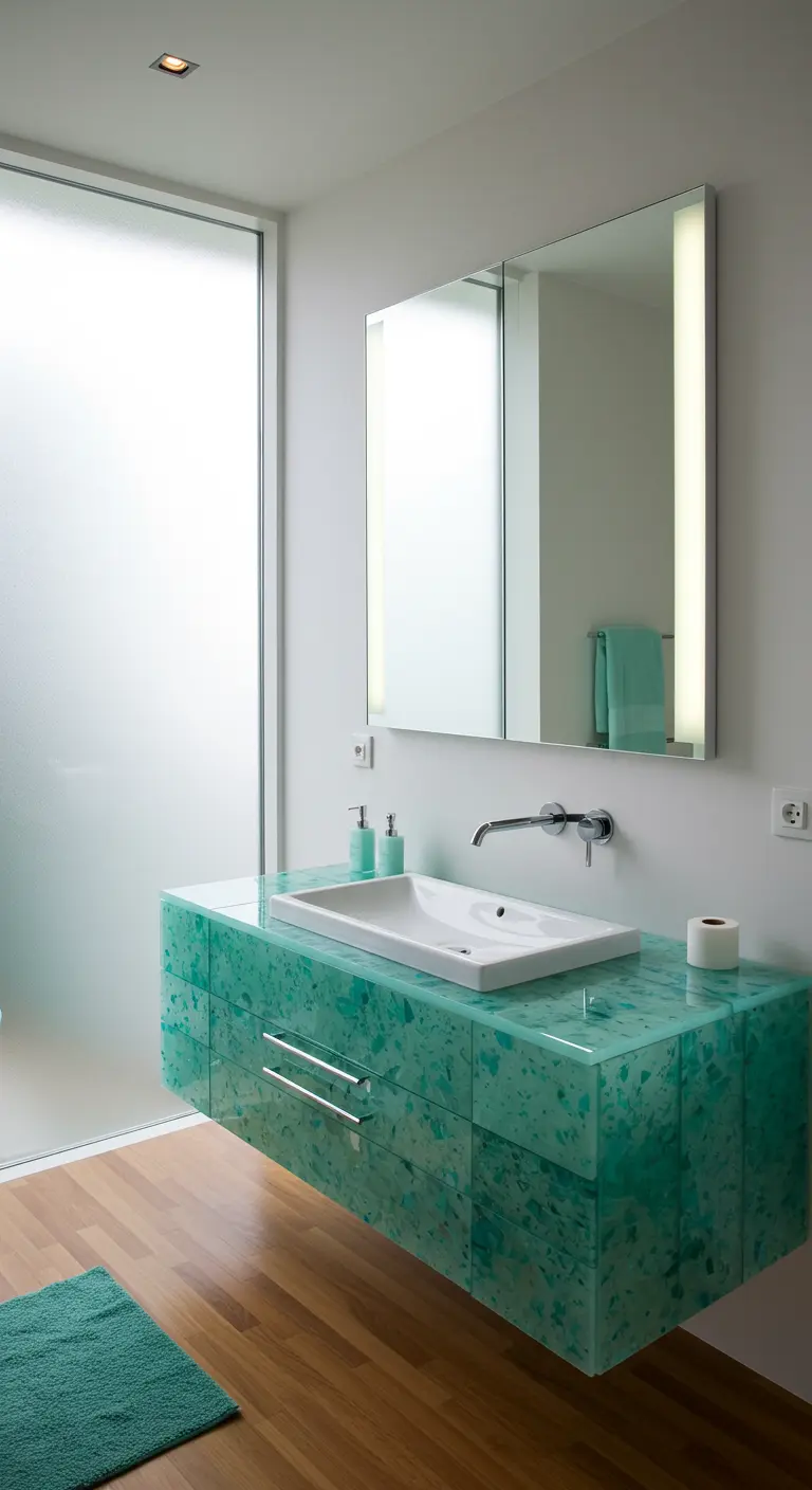Modern zwevend badkamermeubel van turquoise gespikkeld terrazzo-achtig materiaal.