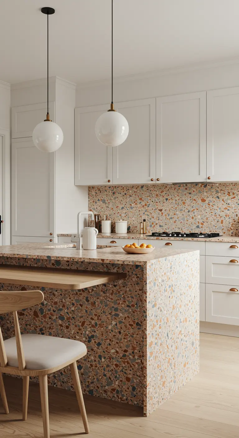 Witte Scandinavische keuken met kleurrijk terrazzo eiland en achterwand.