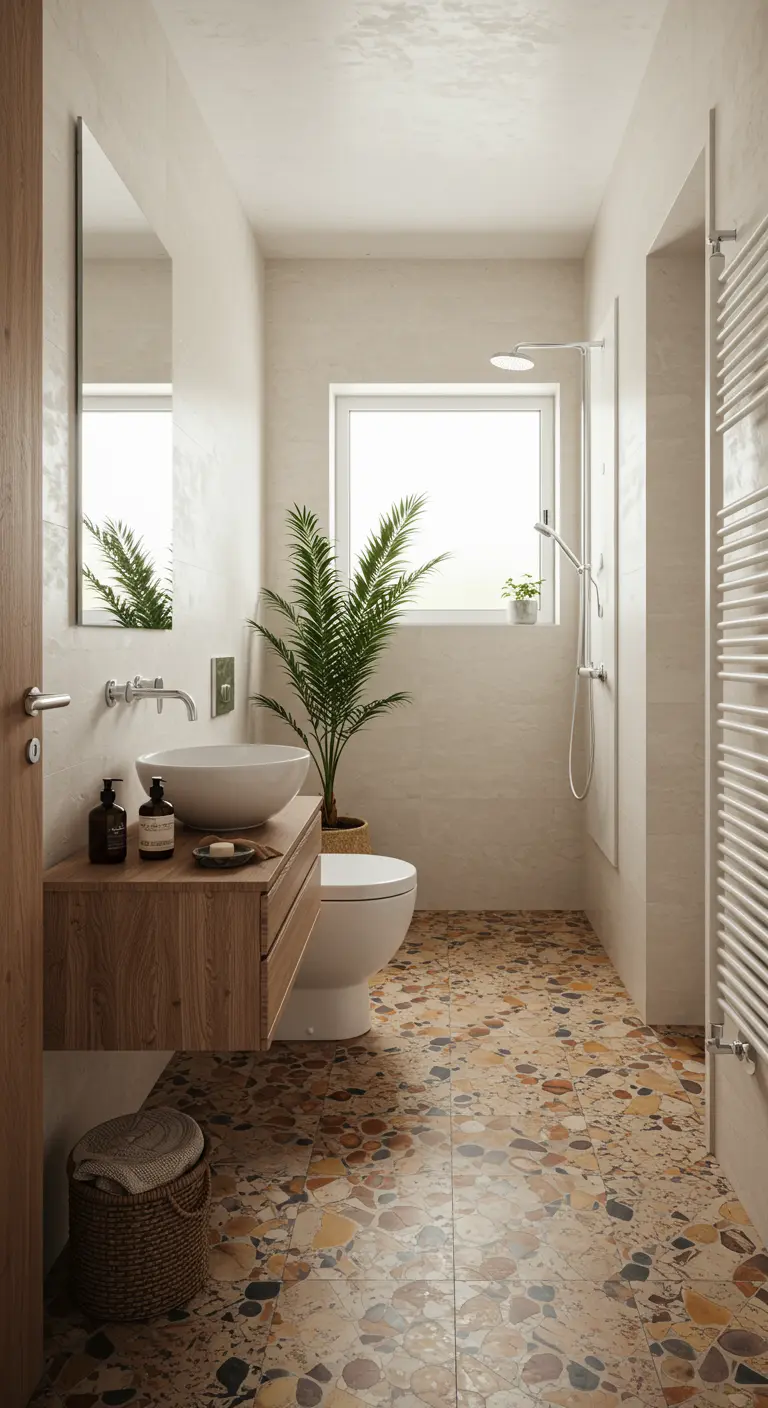 Badkamer met terrazzo vloertegels, witte wanden en houten wastafelmeubel.