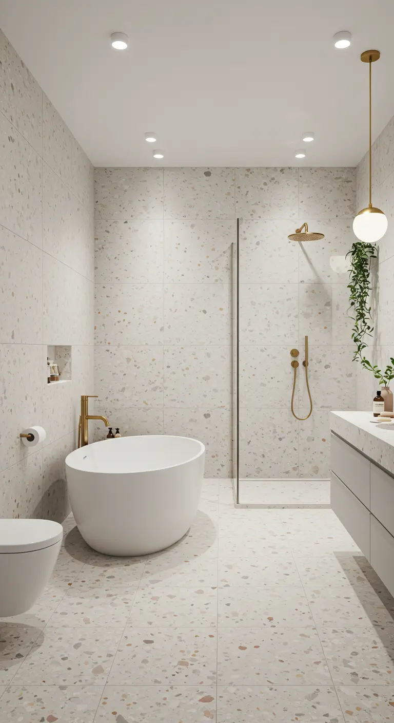 Moderne badkamer met grote terrazzo tegels, vrijstaand bad en gouden kranen.