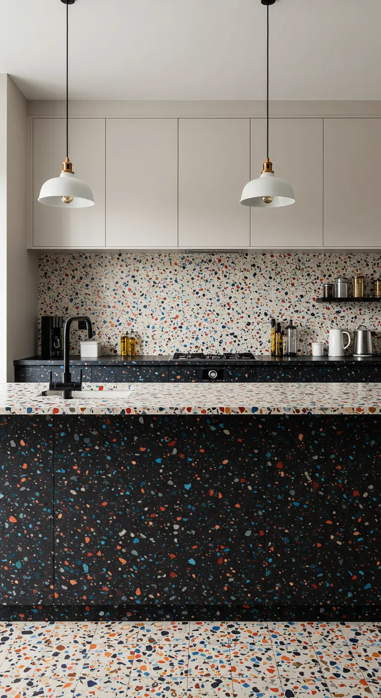 Zwarte keuken met kleurrijk terrazzo werkblad, achterwand en vloer.