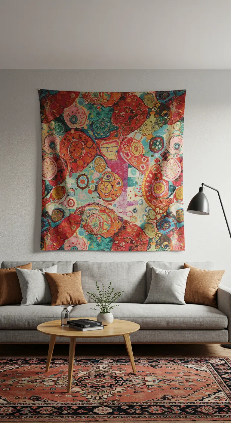 Groot, kleurrijk wandkleed met abstracte cirkelpatronen boven een grijze bank.