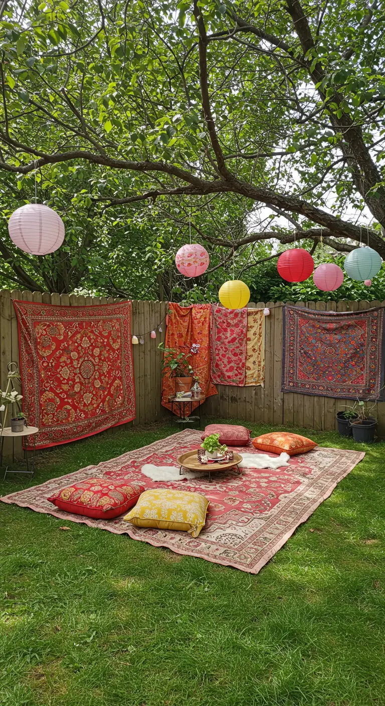 Boho tuin met tapijten aan de schutting en lampionnen in de bomen.